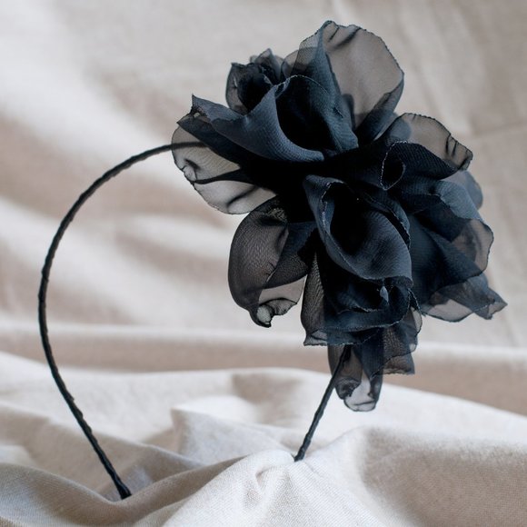 Hand Crafted Accessories - Black Chiffon Flower Headband (W/ Sparkly Button)